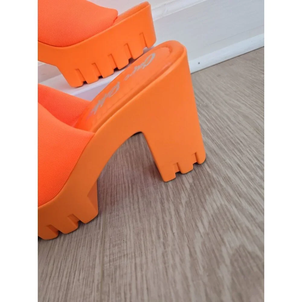 Cape Robbin Neon Orange Platform Chunky Heel Mules